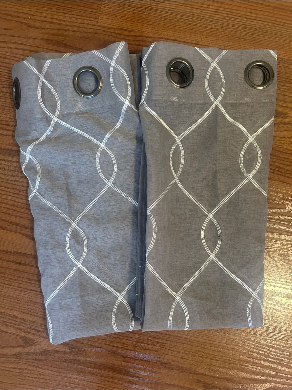Gray Grommet Curtain Panels with White Trellis Embroidery